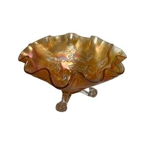 Vintage Carnival Glass Footed Bowl Berry Leaf Design Scalloped Top In Marigold